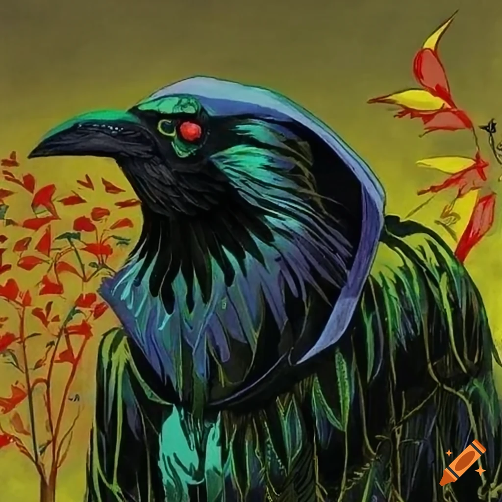 Illustration of a mysterious Black Raven in a hooded cloak of iridescent Peacock feathers