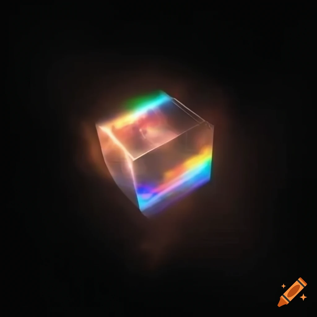 Glowing transparent cube with prismatic light reflections in dark space