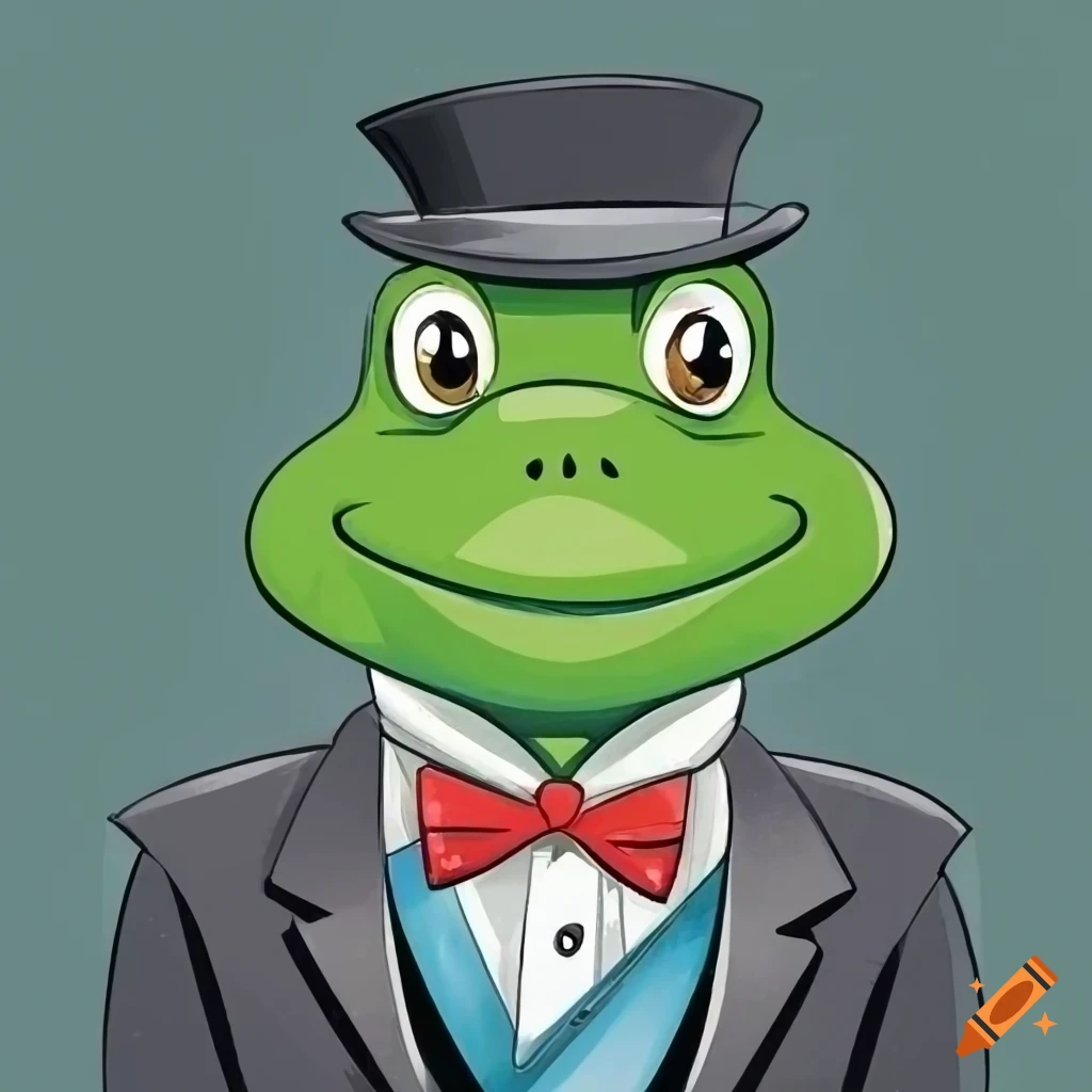 Anthropomorphic frog in tuxedo and hat in a cartoon style