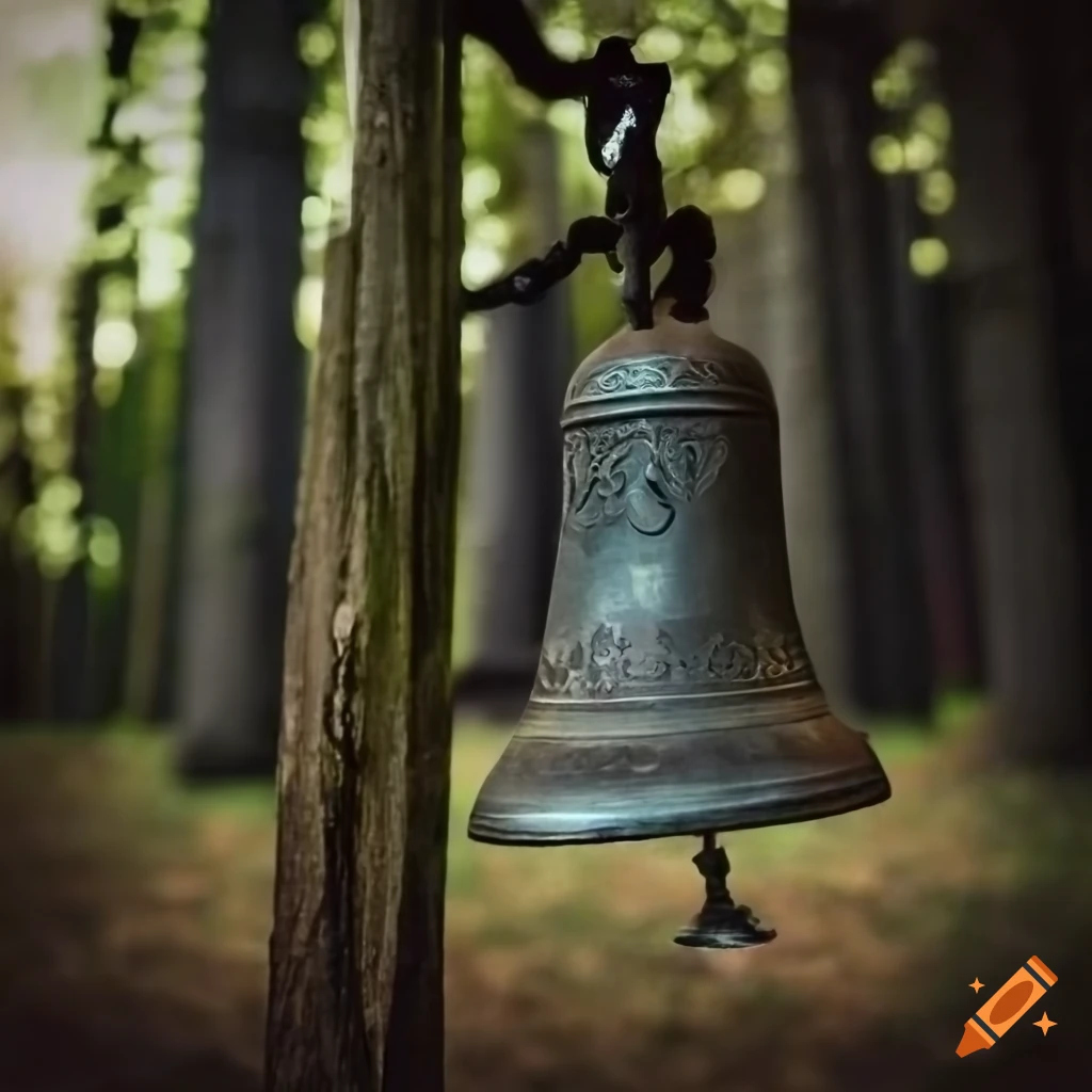Gothic bell on wooden posts in a clearing surrounded by stone seats at midnight