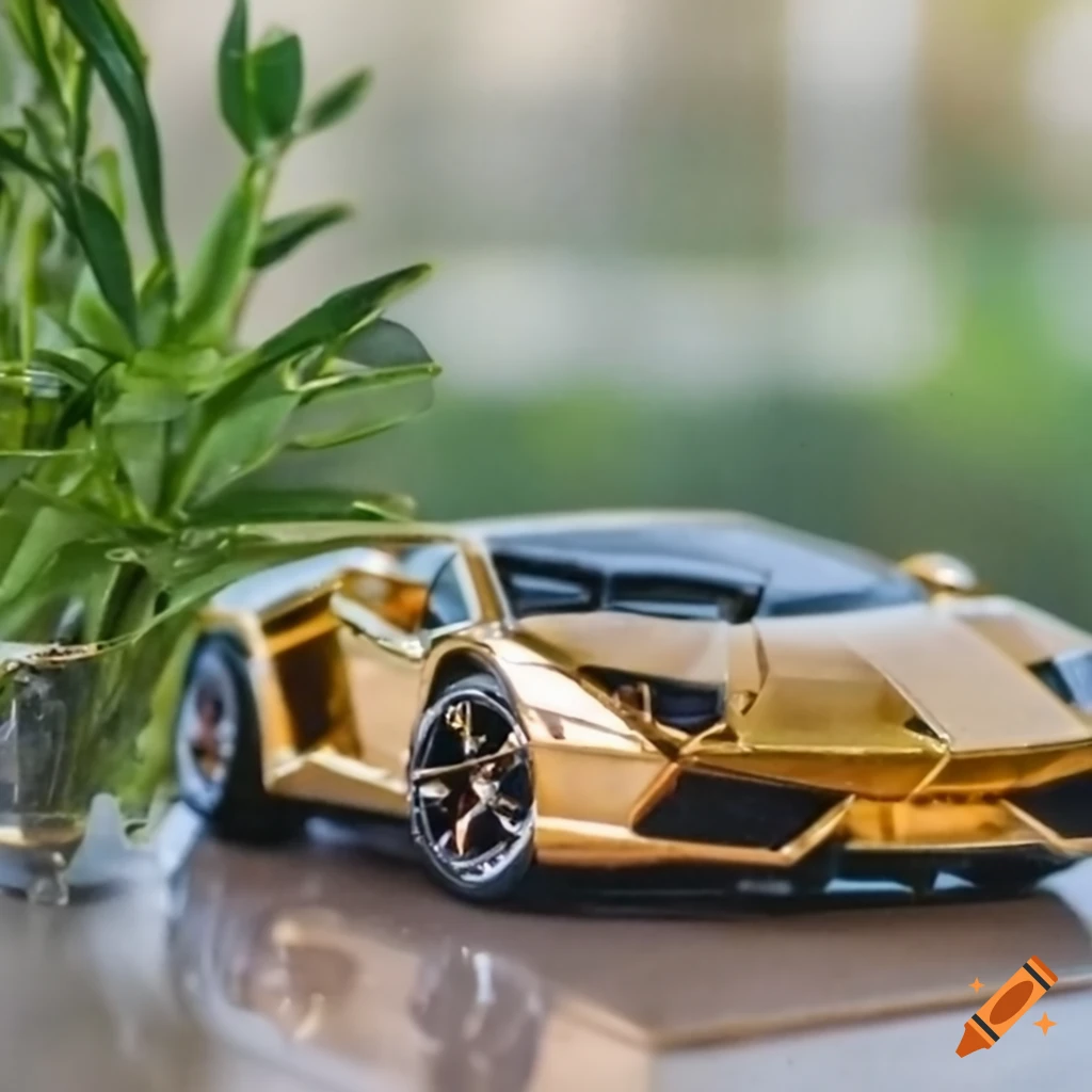 Golden Lamborghini miniature plastic figurine on a table with a window and plant