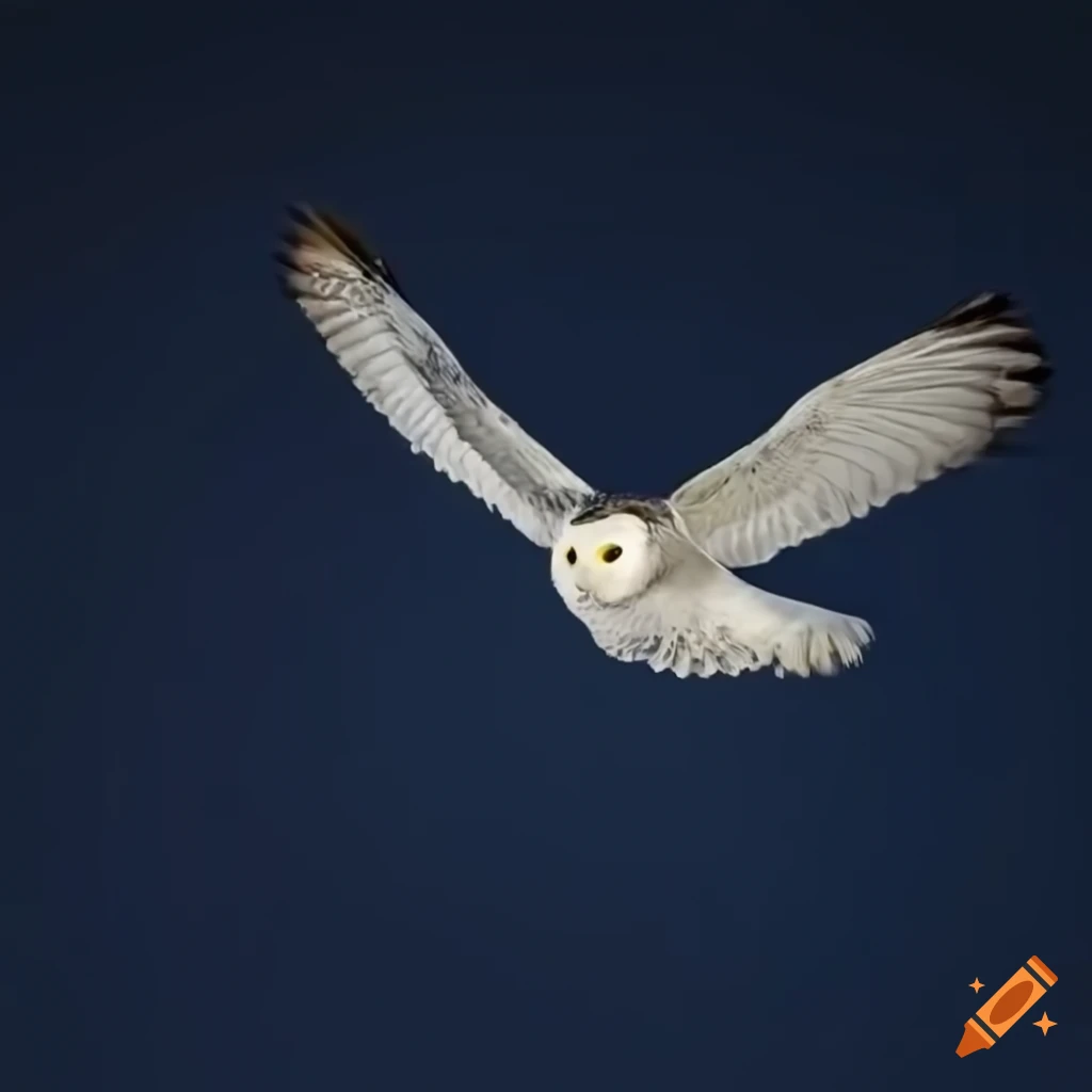 Snowy owl in flight against a night sky with a sliver of moon