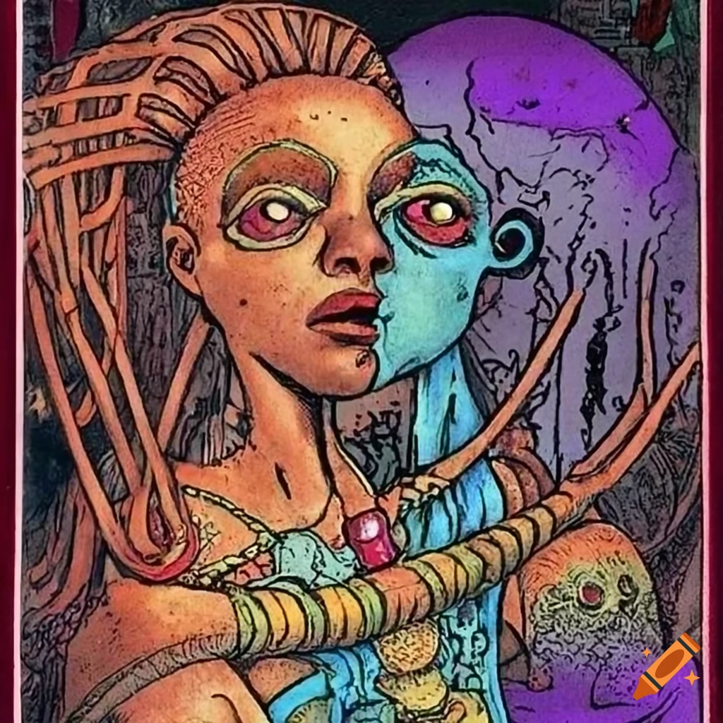 Mininak tarot tantric scene with industrial, psychedelic elements and alien rasta tribal folklore, inspired by Hilma af Klint
