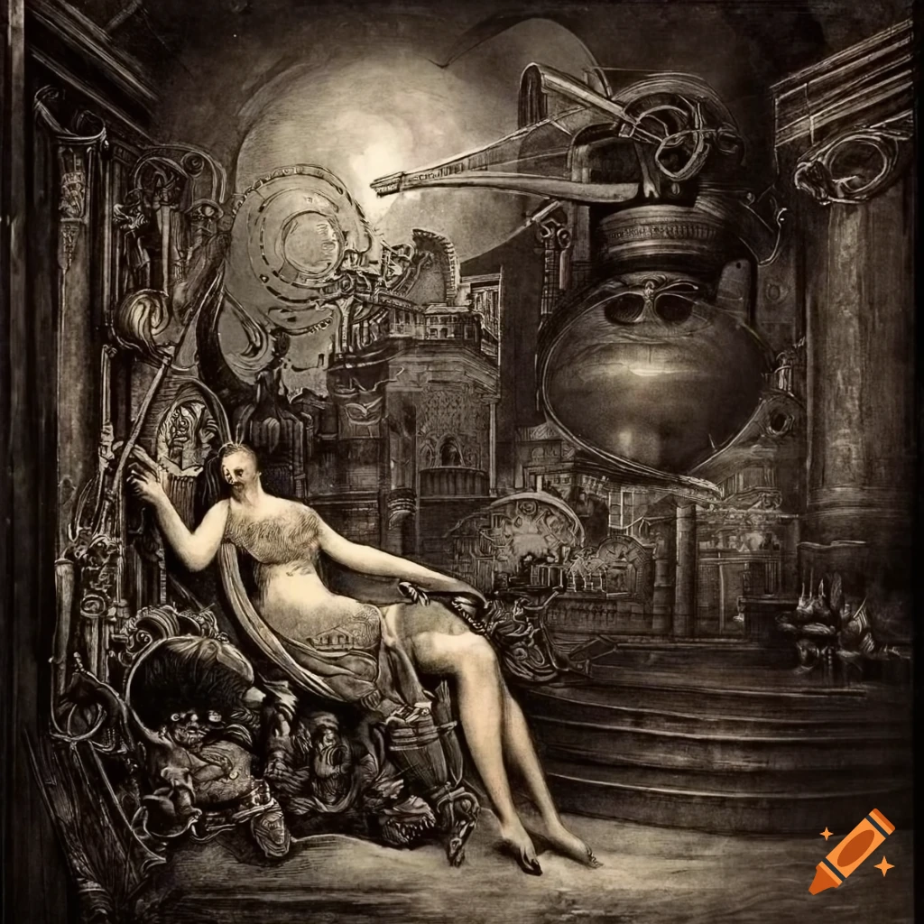 Surreal mezzotint of a young lady, flying city with steam punk elements