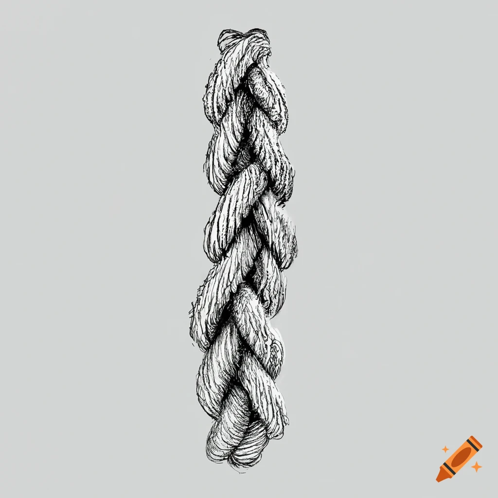 Intricate black and white pencil sketch of a 3 strand choir rope on Craiyon