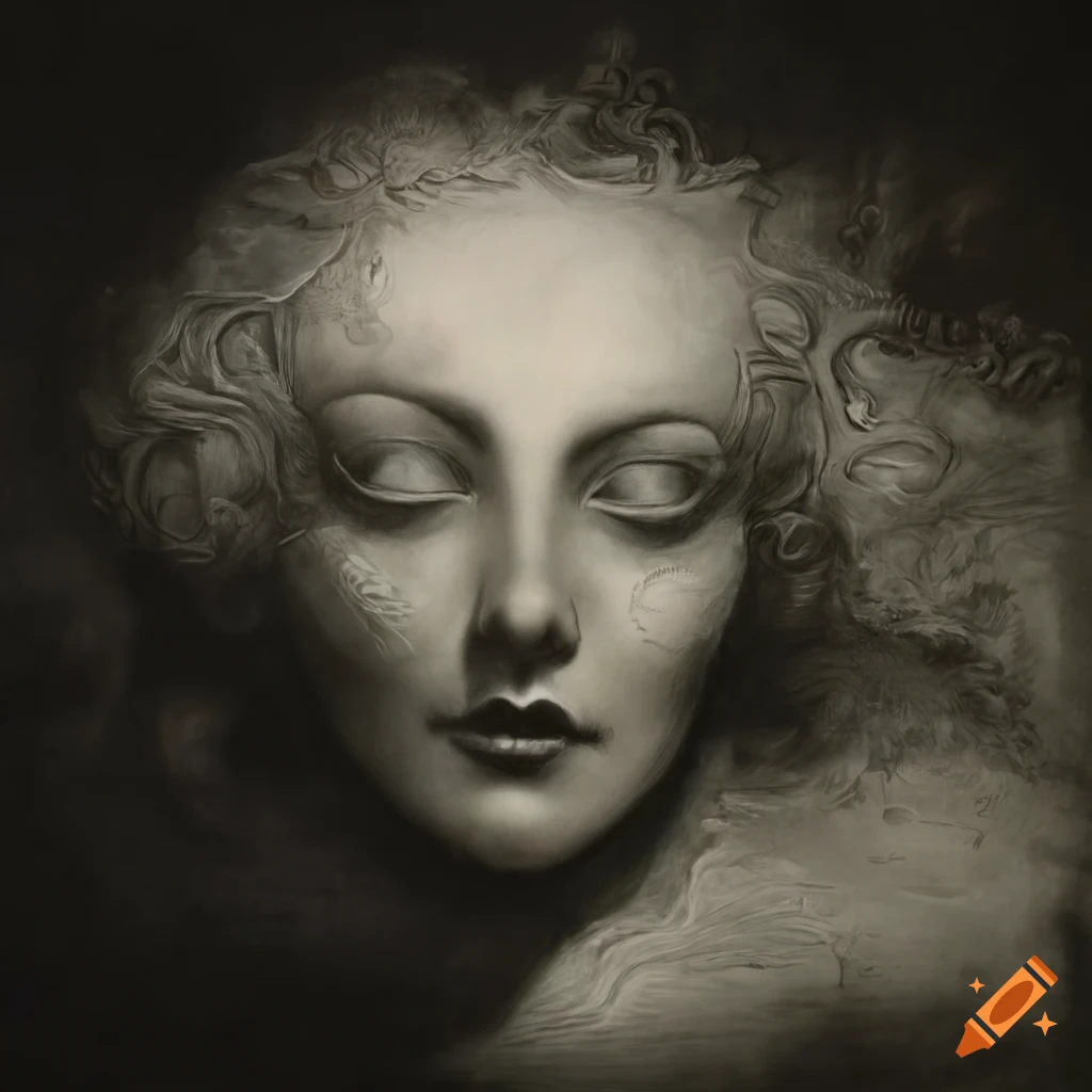 Surreal sci-fi fantasy image of a space station and a beautiful lady in mezzotint style