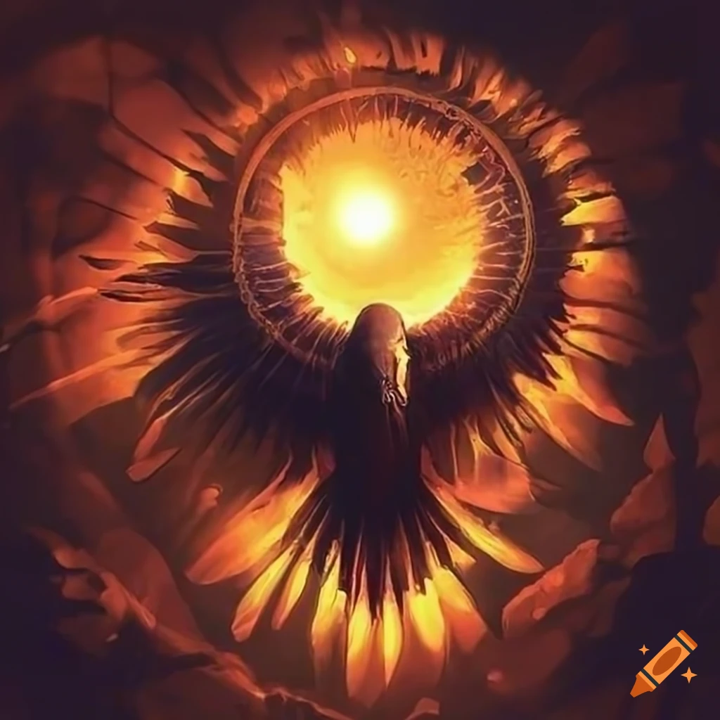 Raven descending from a radiant sun in a unique art style