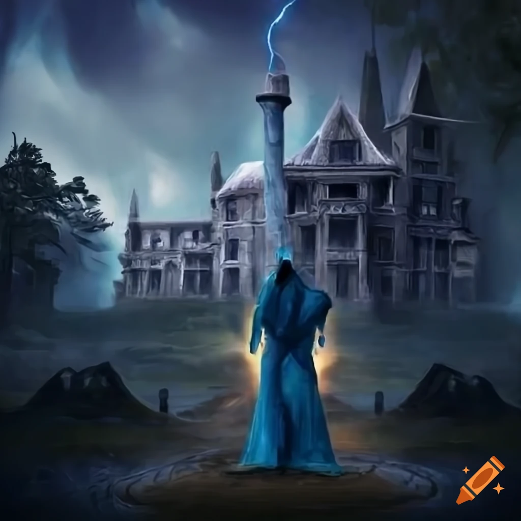 Sorcerer casting a spell on a haunted mansion with blue lightning, in realistic fantasy style