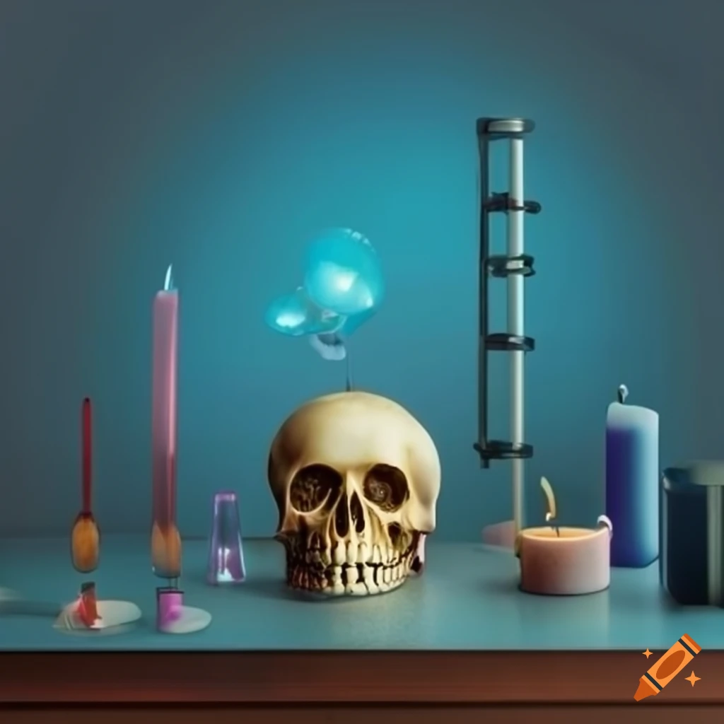 Cluttered room with lab equipment, globe, and skull on table