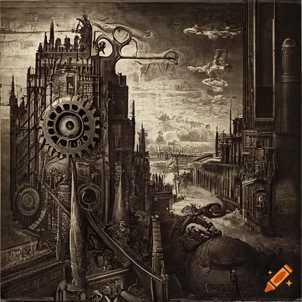 Surreal mezzotint of a young lady in a flying steampunk city with gears and steam engine