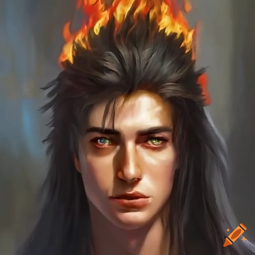 Male with long black hair and green eyes demonstrating fire manipulation