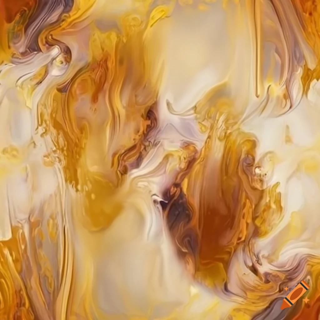 Chaotic abstract painting in gold, beige, and brown resembling an iris