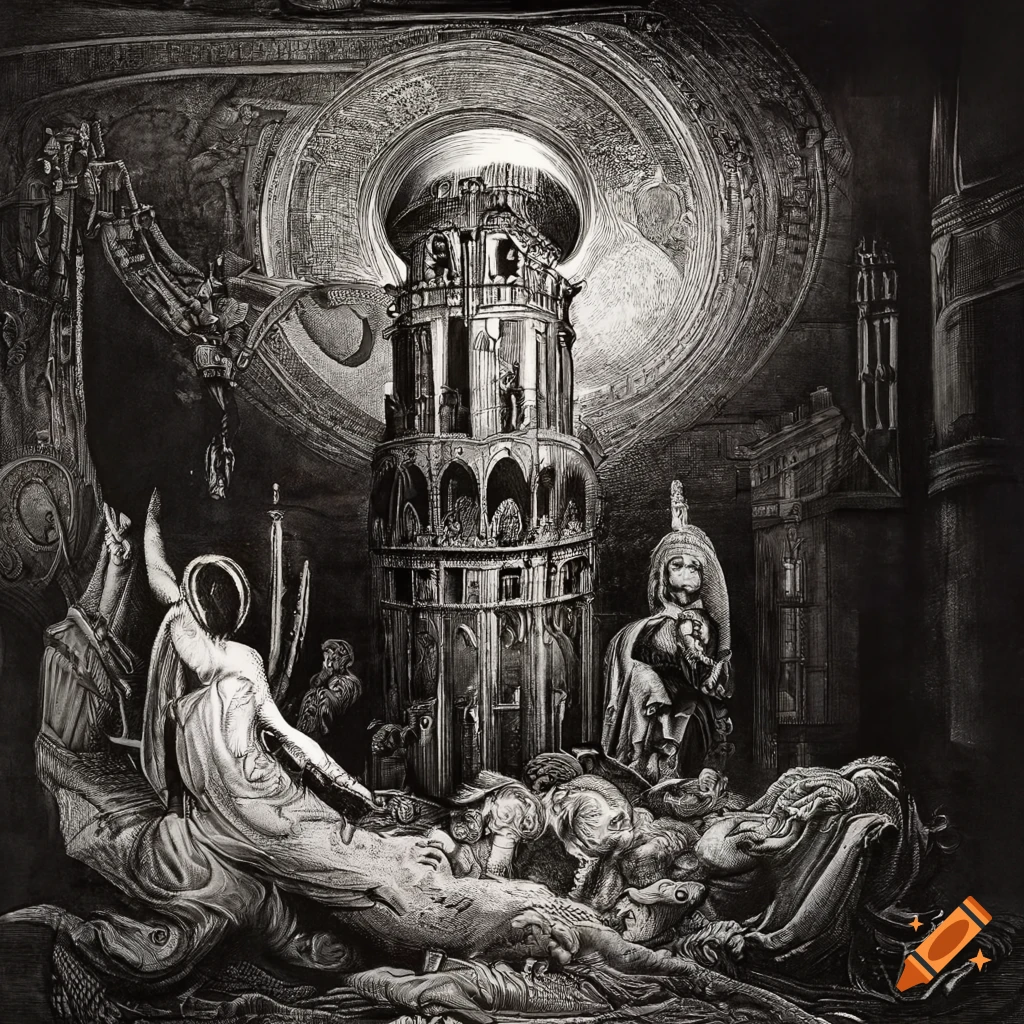 Surreal mezzotint of a 1970s science fiction city with steampunk elements