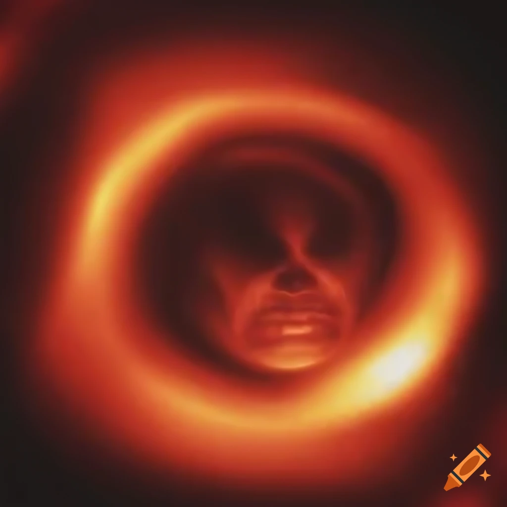 Red circle with angry face and radiant aura in fiery scene