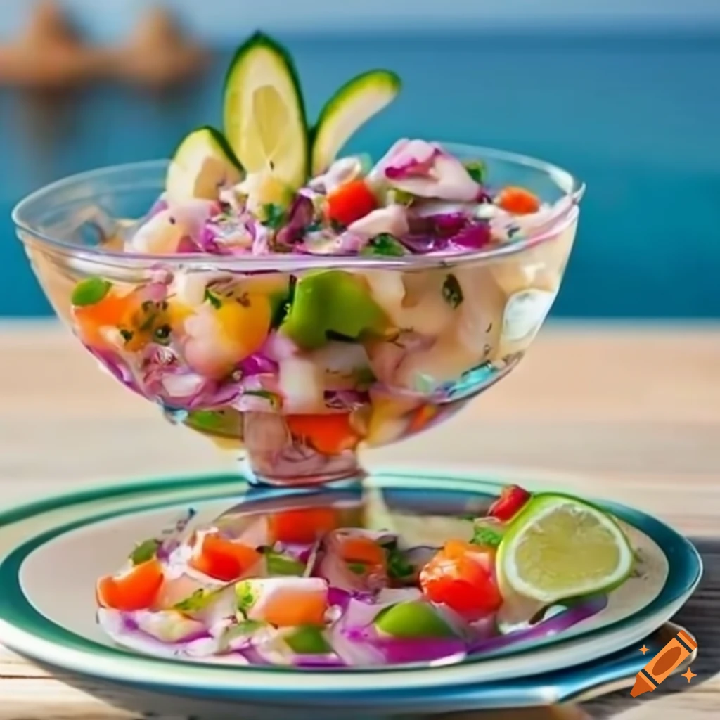Vibrant ceviche dish on a seaside table