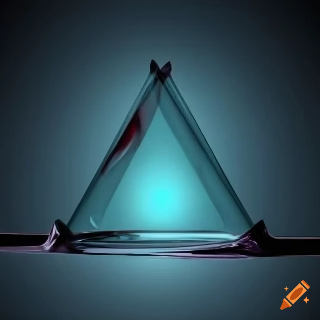 Abstract geometric composition of two glass right triangles converging in dark background