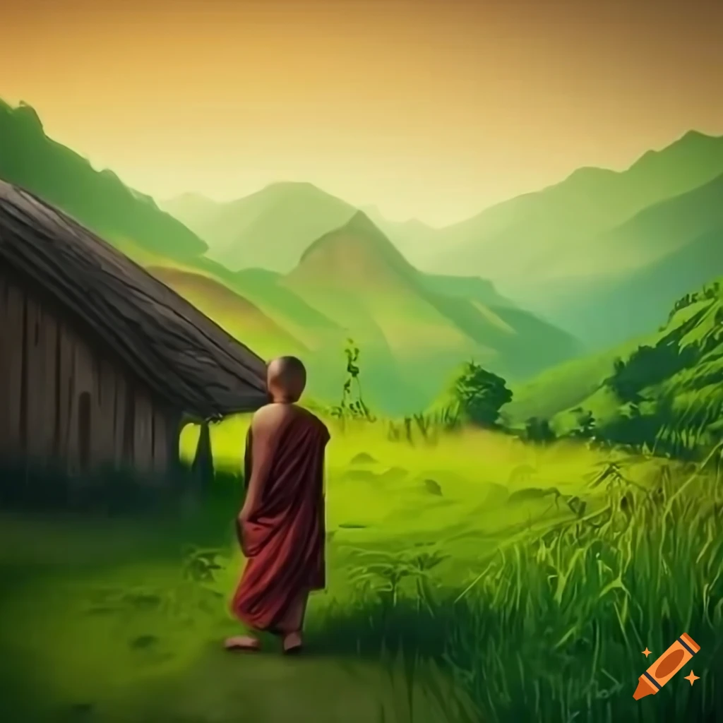 Peaceful village nestled among green hills with a young monk named Kaito