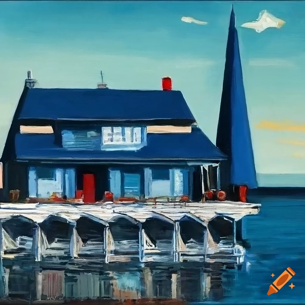 Intricate seaside town painting in navy blue and tan with quirky architecture, Pacific Northwest style