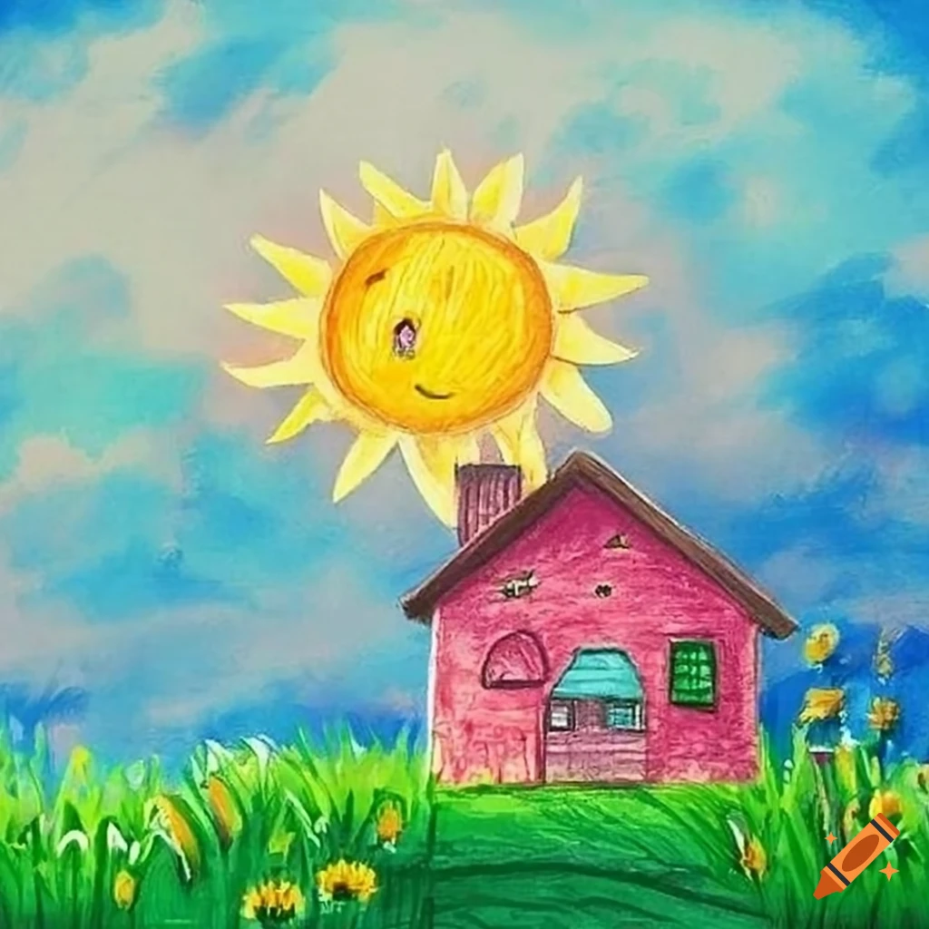 Child's drawing of a happy house with sun, grass, flowers, and blue sky in crayon
