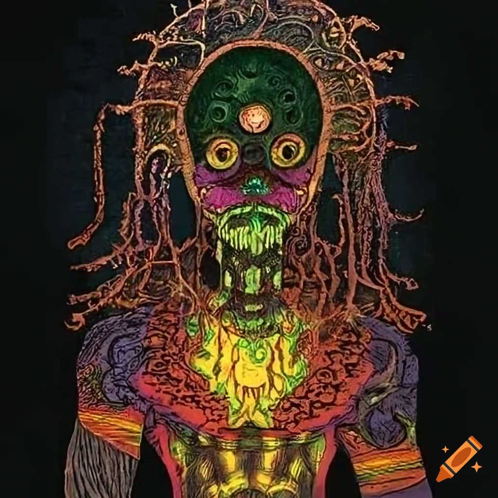 Industrial tantric psychedelic oddworld scene with alien rasta tribal tarot vibe