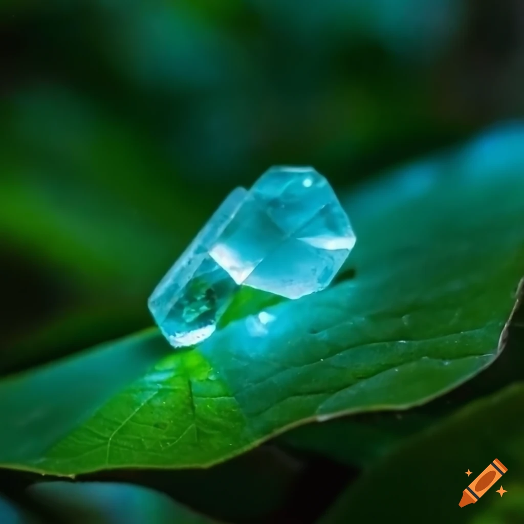 Luminous quartz on a jungle leaf with rain and dramatic lighting
