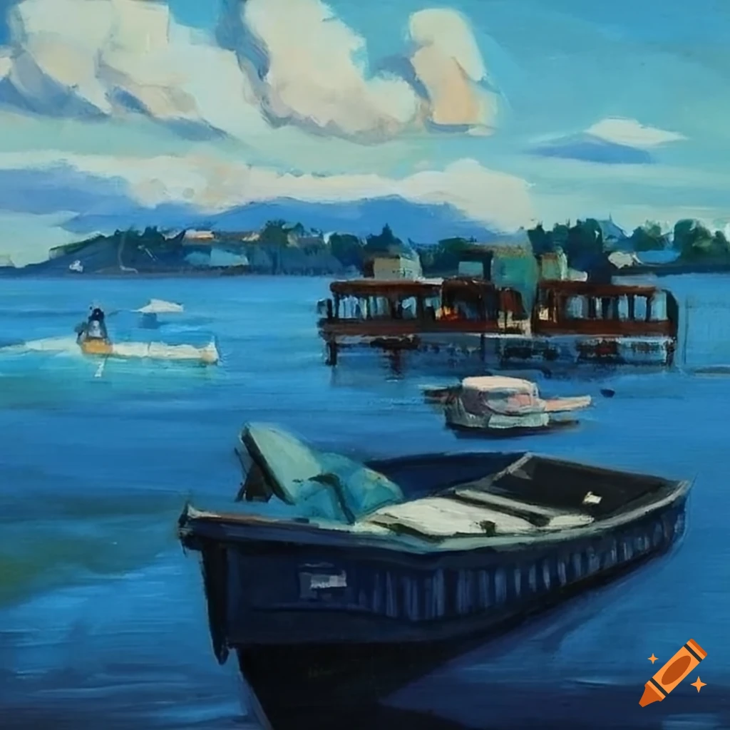 Intricate seaside town painting in navy blue and tan with quirky architecture, Pacific Northwest style