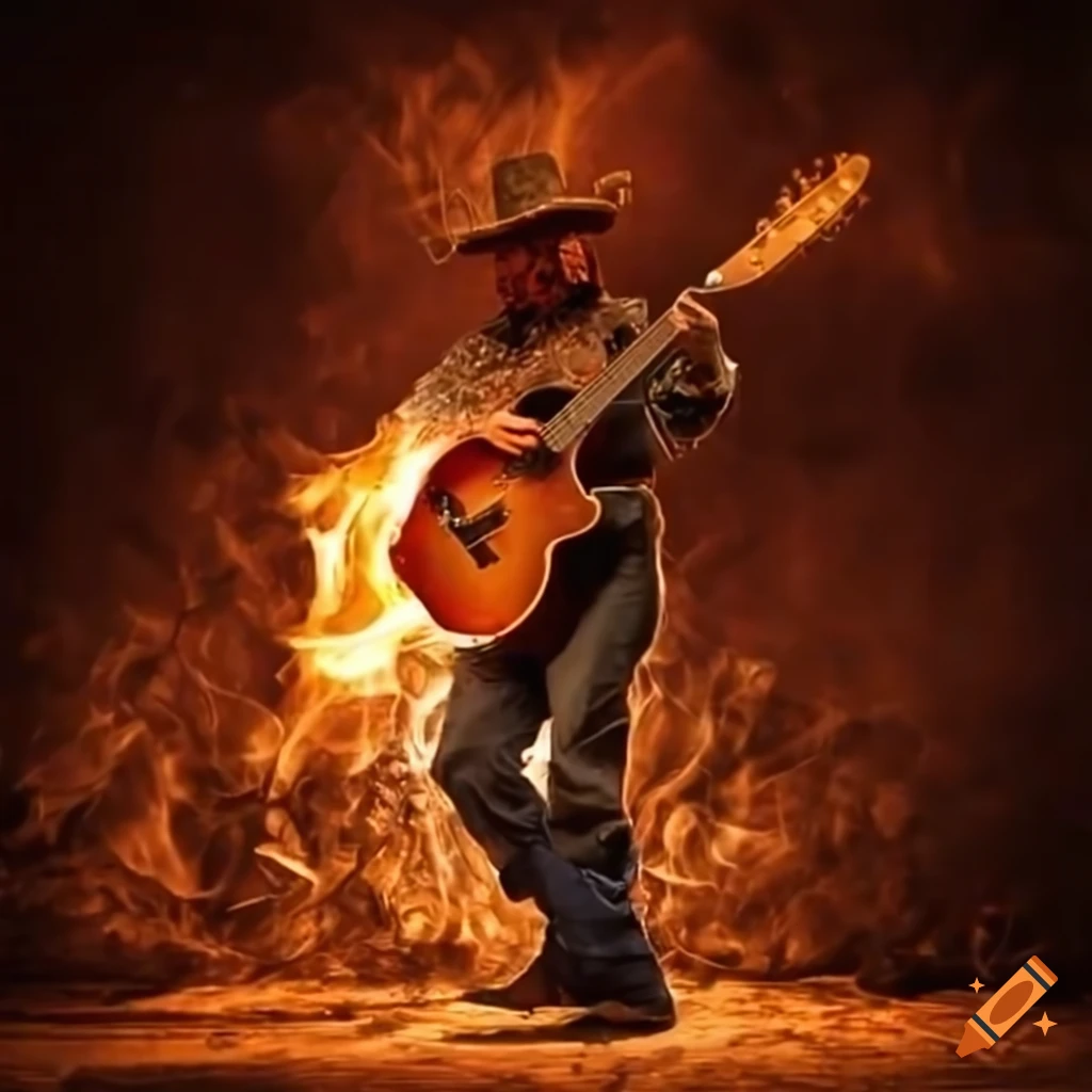 Cowboy playing a fiery guitar
