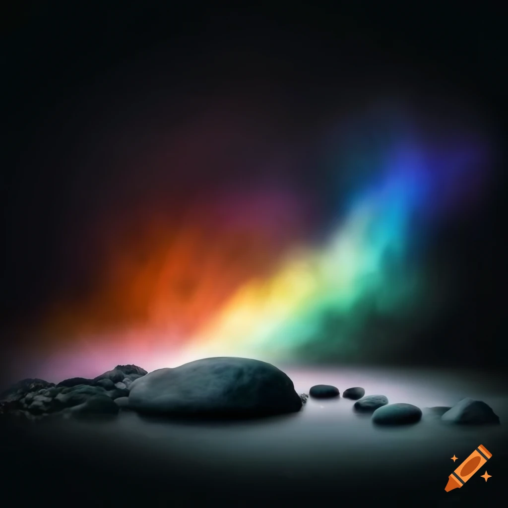 Monochrome stonescape with rainbow-colored fire waterfall