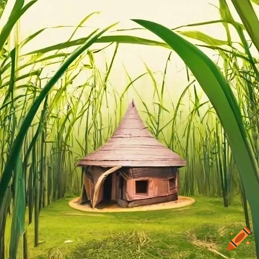 Round hut in the center of a sugarcane farm