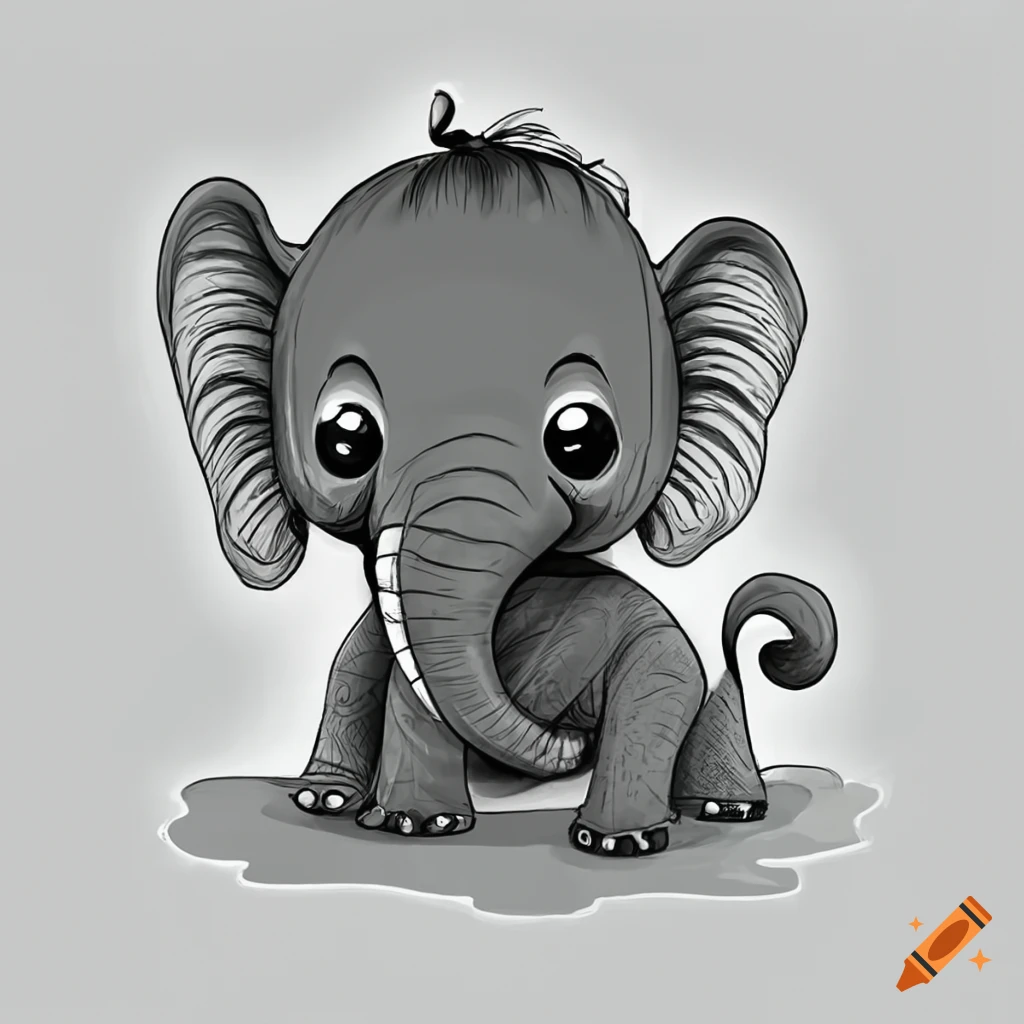 Cute baby elephant in black and white cartoon style drawing