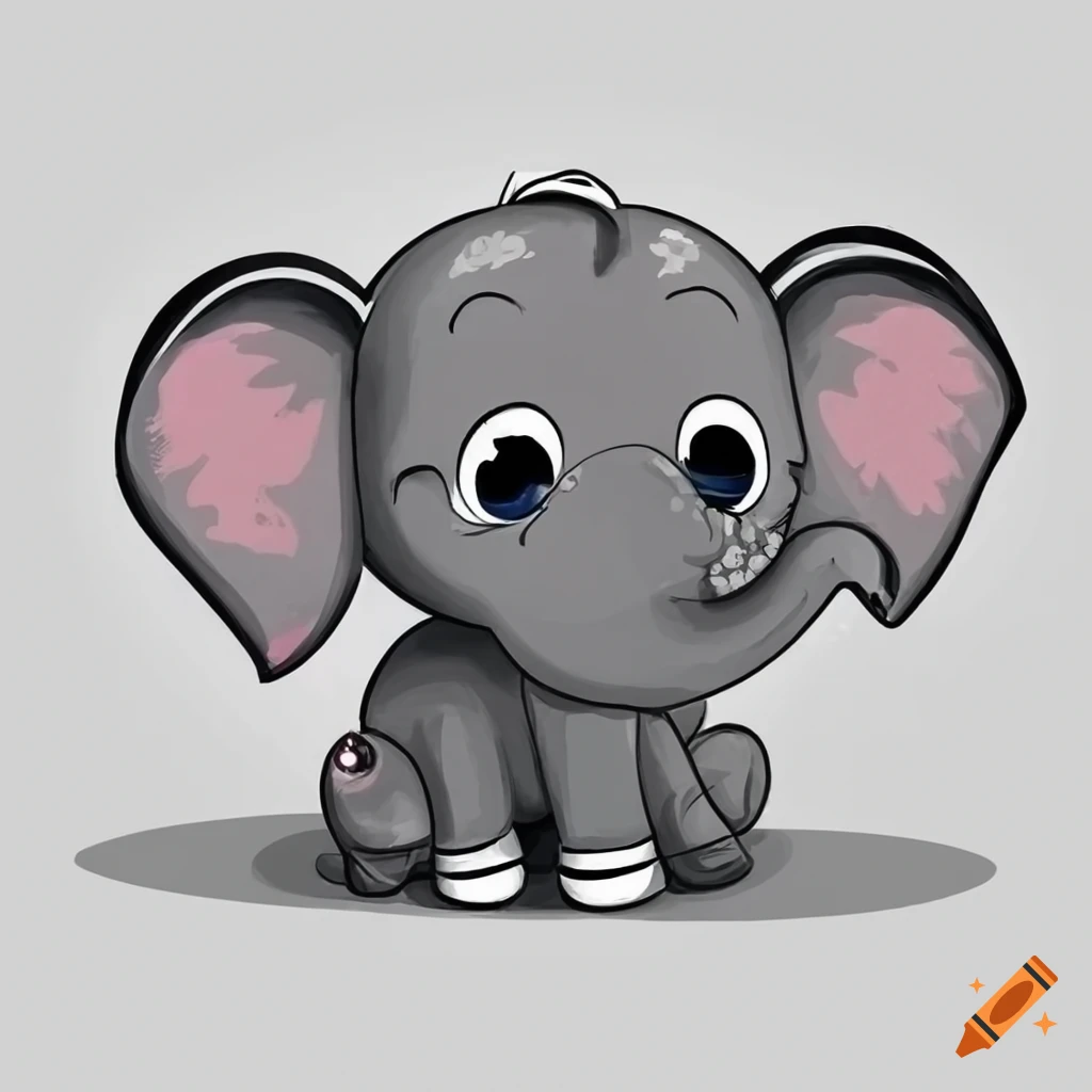 Cute baby elephant black and white cartoon drawing