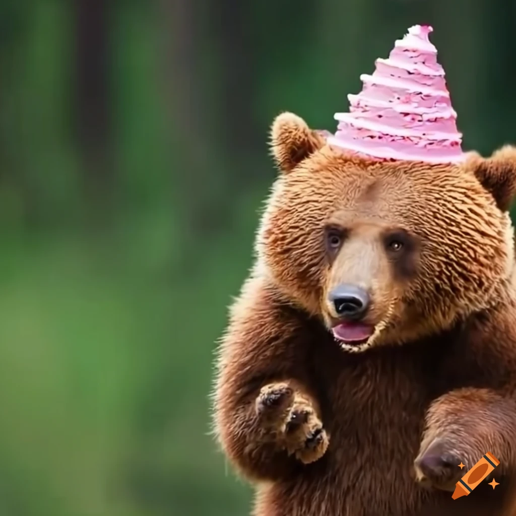 Cute brown bear carrying a birthday cake