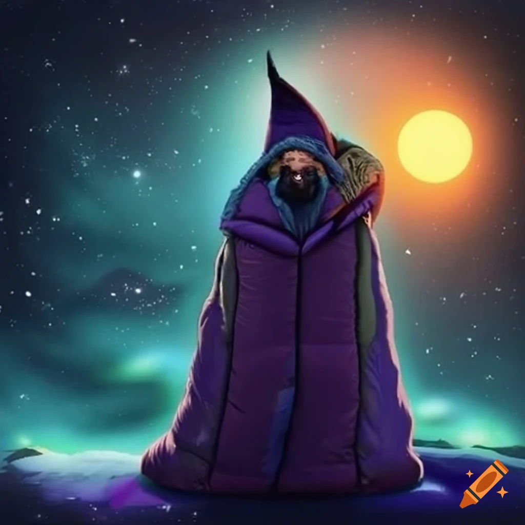 Powerful white-bearded wizard flying in a magic sleeping bag through the night sky