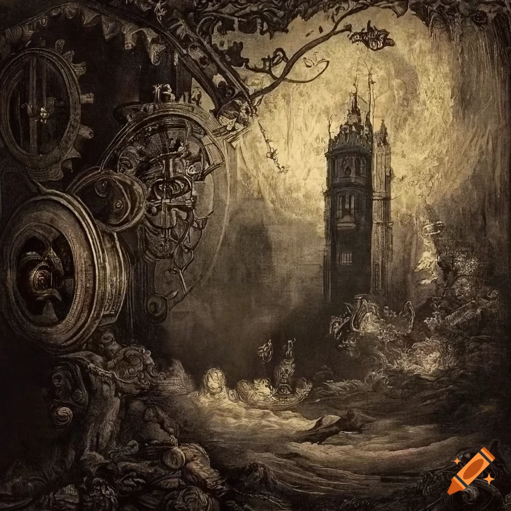 Surreal mezzotint of flying city with steam punk elements and underwater scene