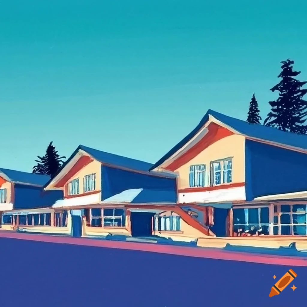 Vibrant depiction of Seaside Oregon's retro motels and coffee shops in an Edward Hopper art style
