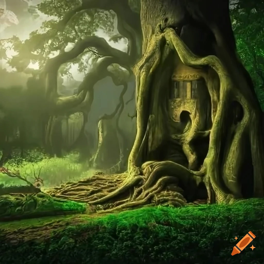 Majestic castle carved into ancient oak tree roots in magical forest with lush gardens and shimmering ivy