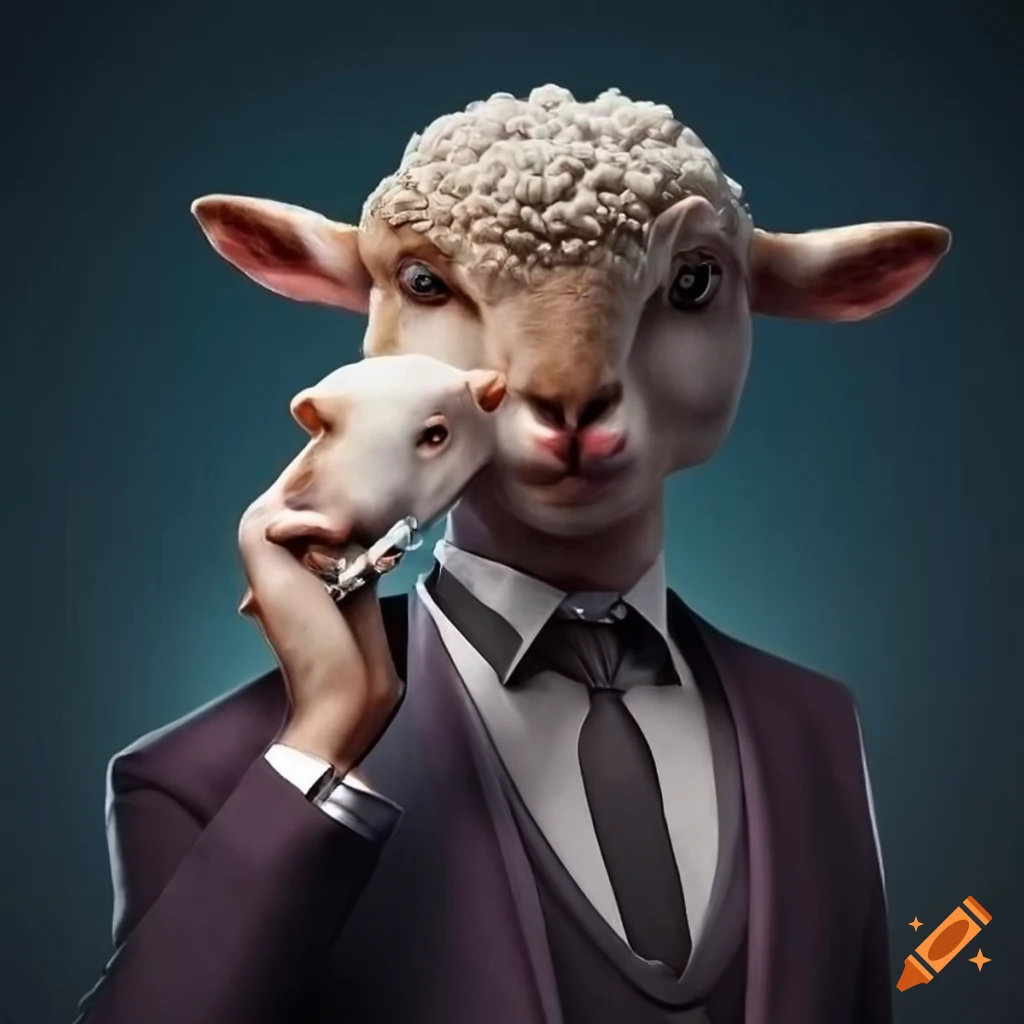 Elegant man wearing a smoking with a lamb's head wearing sunglasses