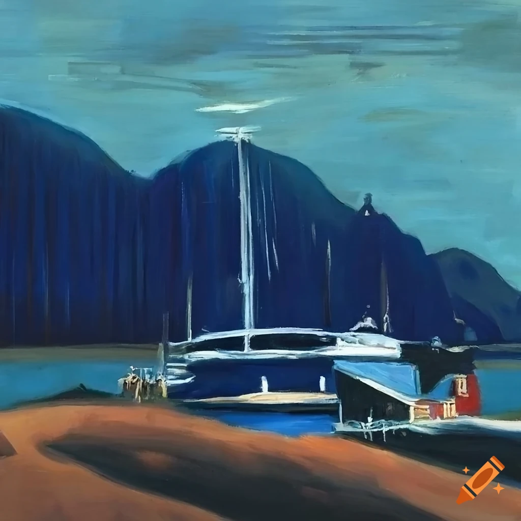 Intricate seaside town painting in navy blue and tan with quirky architecture, Pacific Northwest style