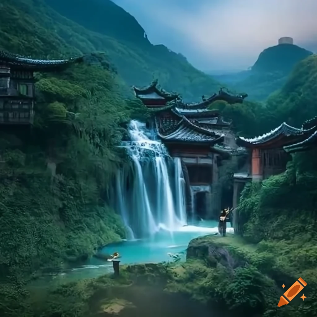 Authentic Chinese farming village with a waterfall