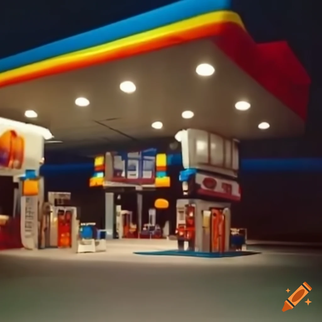 Busy Sunoco gas station in claymation style