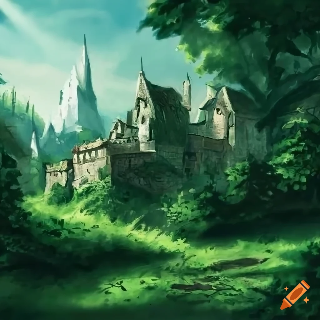 Old medieval village surrounded by greenery with ivy-covered castle