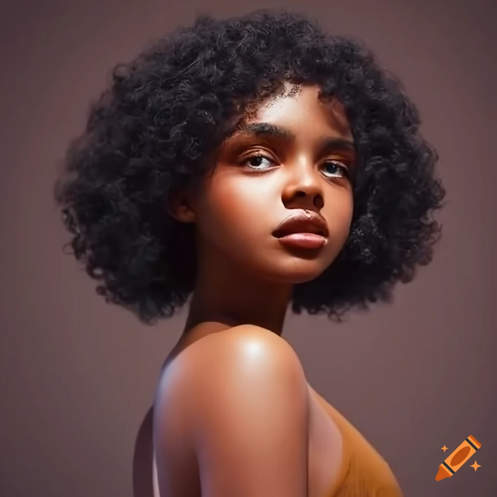 Portrait of a brown woman with short black curly hair and brown eyes