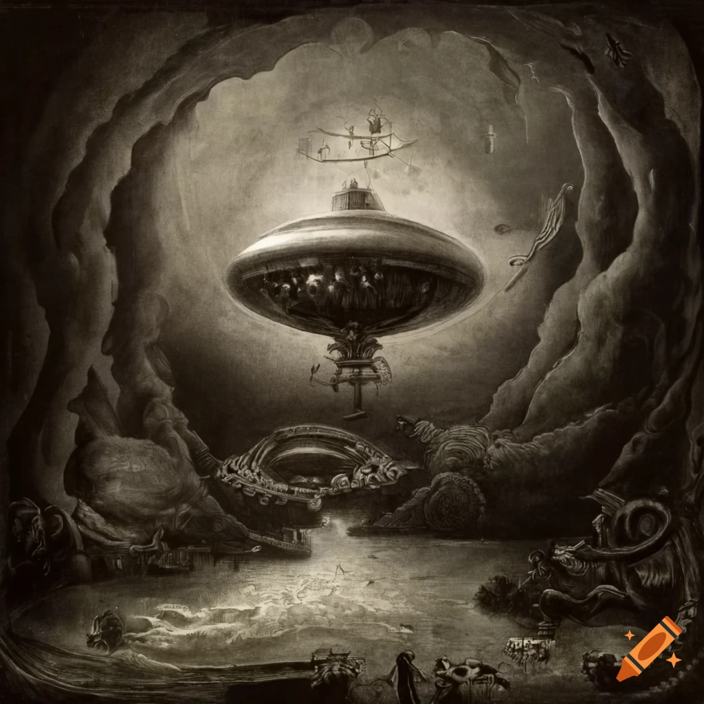 Surreal mezzotint with UFO, steampunk gears, vines, and moss