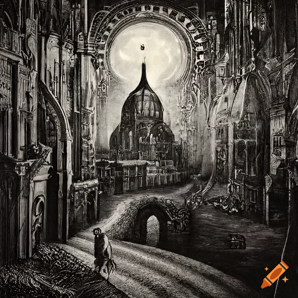 Surreal Mezzotint of a 1970s science fiction city with black fire and steampunk elements
