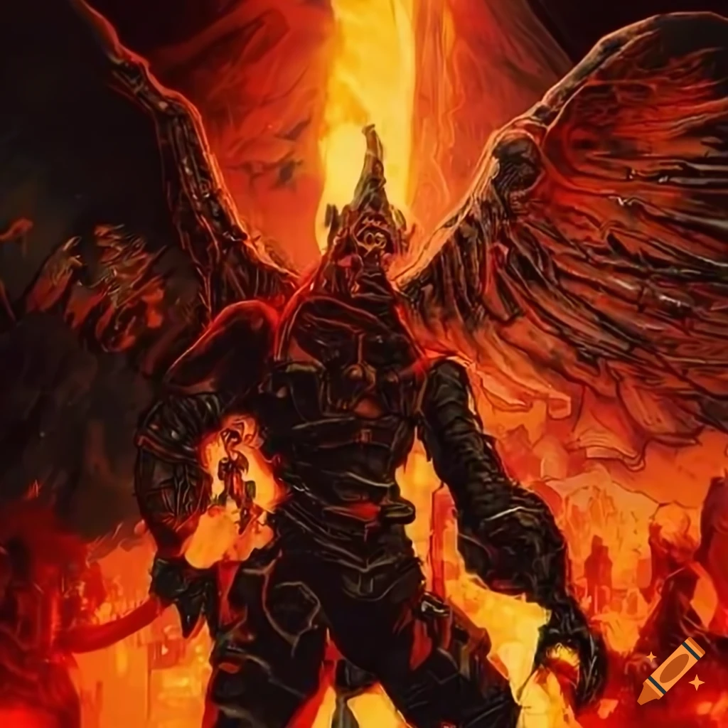 Retro phoenix rising in a hellish environment