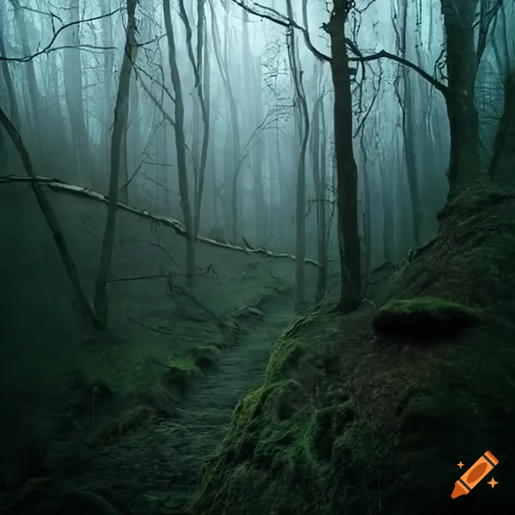 Abandoned village in a dense forest with dark and eerie surroundings