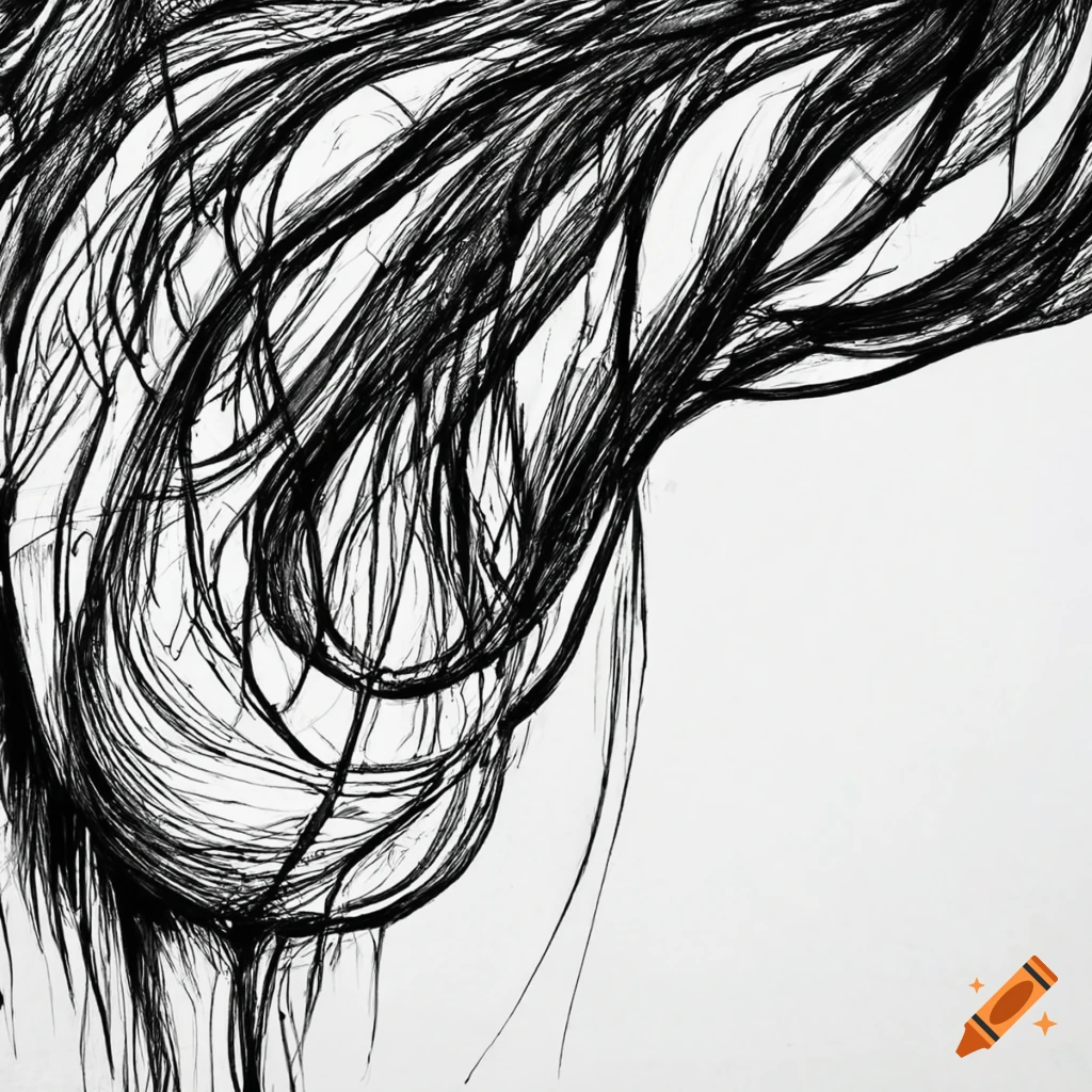 Black ink drawing of a long human hair twisting in water