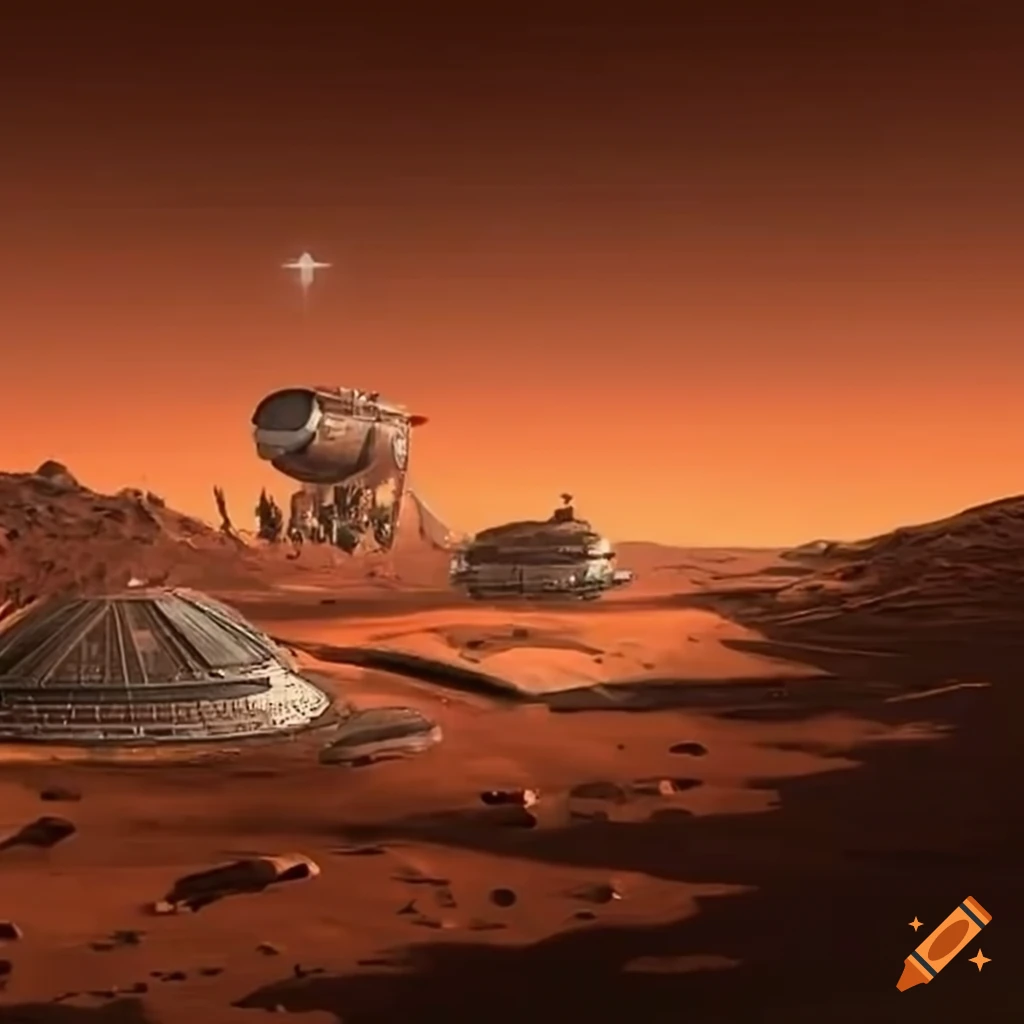 Rain falling on mars base with two space ships on Craiyon