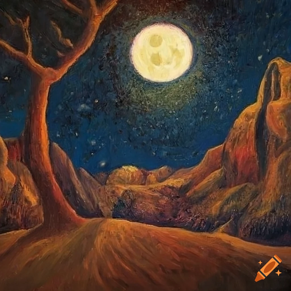 Surrealist painting of night desert mountains under a glowing moon