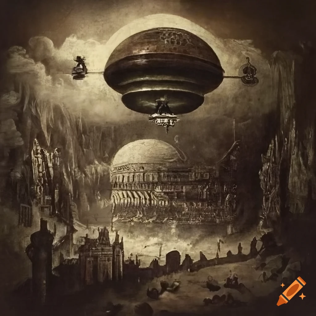 Surreal mezzotint with UFO, steampunk gears, vines, and moss
